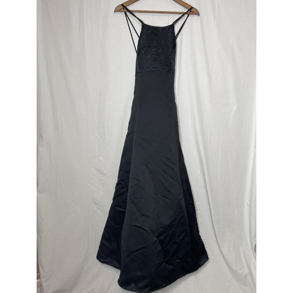 Betsy & Adam Jaslene Black Satin Embroidered Sequin High Neck Formal Gown Size 8